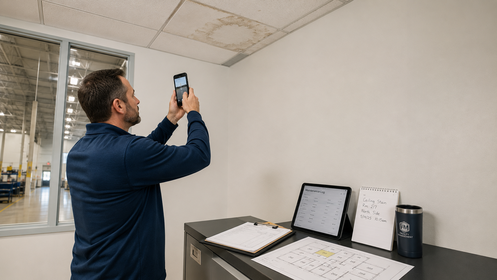 Man in a navy long-sleeve shirt standing at a desk, holding up a smartphone to take a photo in a warehouse office area. A maintenance tablet, clipboard, calendar, and a blue mug sit on the desk, with a stained ceiling tile overhead.