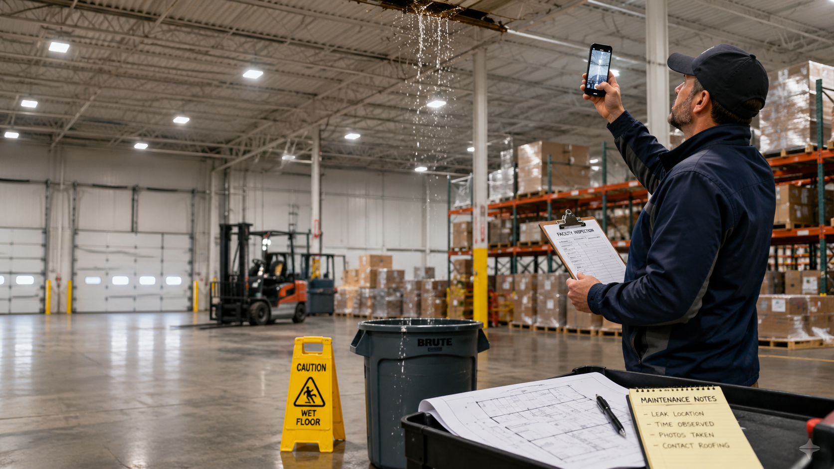 Warehouse facility manager documenting warehouse roof leak.